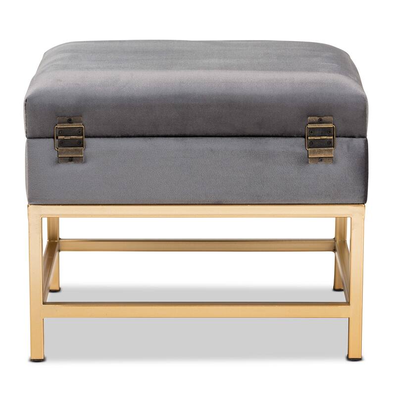 Aliana Glam and Luxe Velvet and Gold Metal Small Storage Ottoman