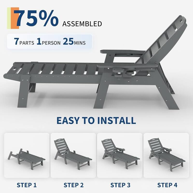 HDPE 5-Position Patio Lounge Chair for Outside Pool Edges, or Gardens