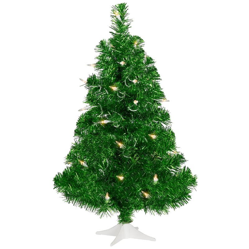 2' Paradise Lime Green Tinsel Pine Artificial Tree Clear Lights - under-3-feet