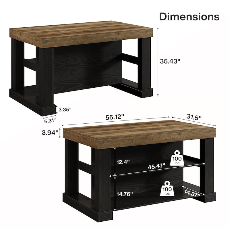 55-Inch Stationary Kitchen Island with Seating and Storage Shelves & Large Worktop, Farmhouse Style - 31.5"D x 55.12"W x 35.43"H