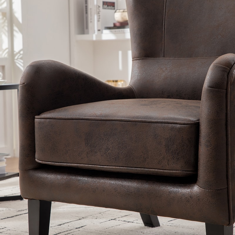 28"W PU High Back Upholstered Accent Chair, Retro Wingback Arm Chair ,Single Sofa Bedroom Reading Seat with Solid Wood Legs