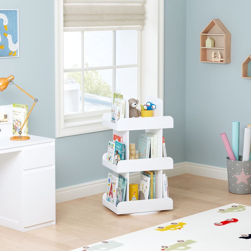 COSTARS Kids Rotating Bookshelf Tower, 3-Tier 360° Spinning Bookcase with Book Display, Revolving Storage Organizer , White