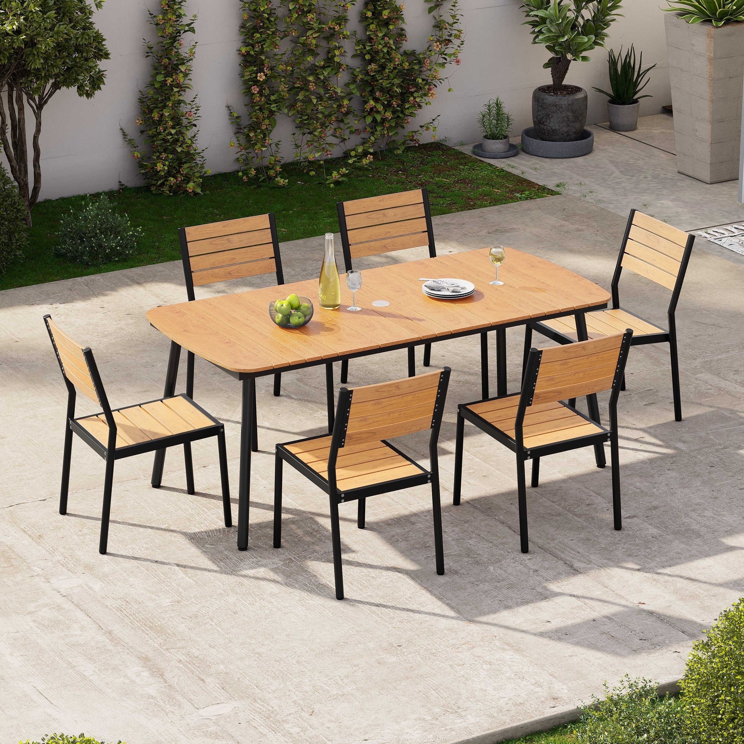 large patio table with umbrella hole HAPPATIO 7 Piece Dining Set Outdoor, 6 Wicker Chairs Aluminum Frame and Olefin Cushions, Wooden Dining with Hole,Patio while the stackable chairs allow for convenient storage when not in use MF Studio Outdoor Patio Dining