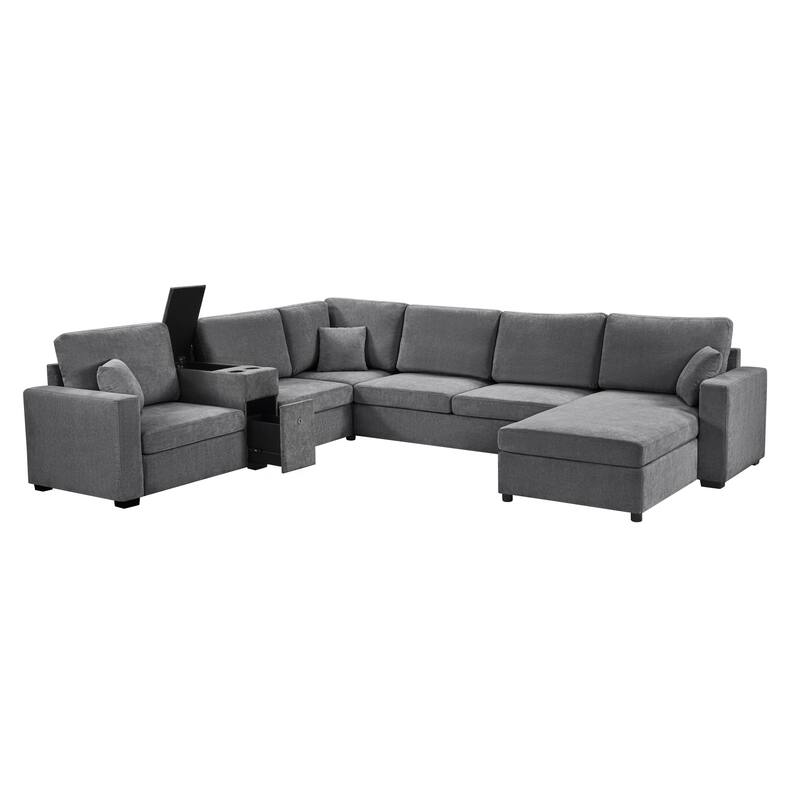 Modern 5-Seat Modular U-Shaped Sectional Sofa with Chaise, Storage Drawer, Built-In Cup Holders and Throw Pillows