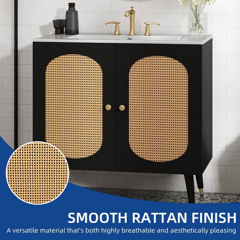 Moasis 24" Bathroom Vanity with Ceramic Sink, Rattan Double Door Cabinet and Drawer, Freestanding Solid Wood Legs