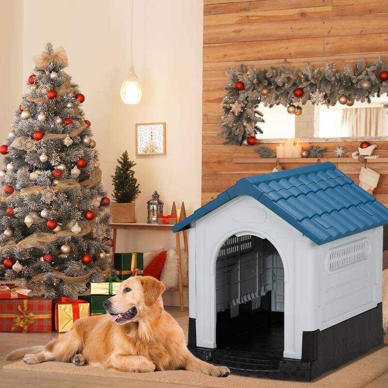 Plastic Dog House with Air Vents, Elevated Floor, Insulated Outdoor Indoor Kennel for Small Dogs