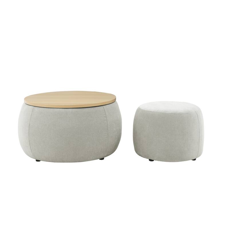 Roomfitters Round Storage Ottoman with Small Seat, 2-in-1 Design Serves as End Table or Footrest, Accent Furniture