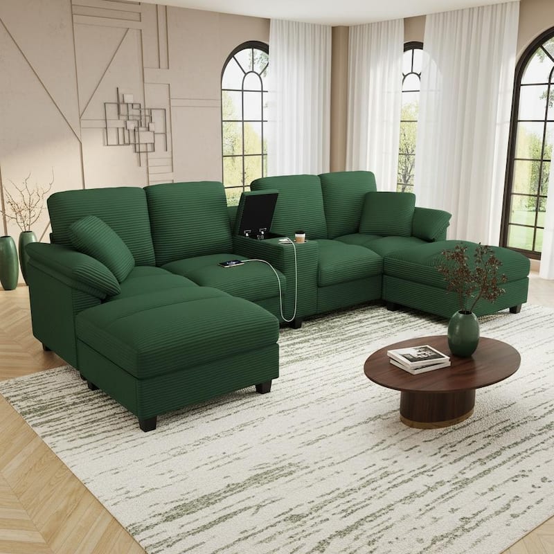 U-Shaped Corduroy Sectional with Hidden Storage, Center Console & USB Ports by Harper&Bright Designs - Green