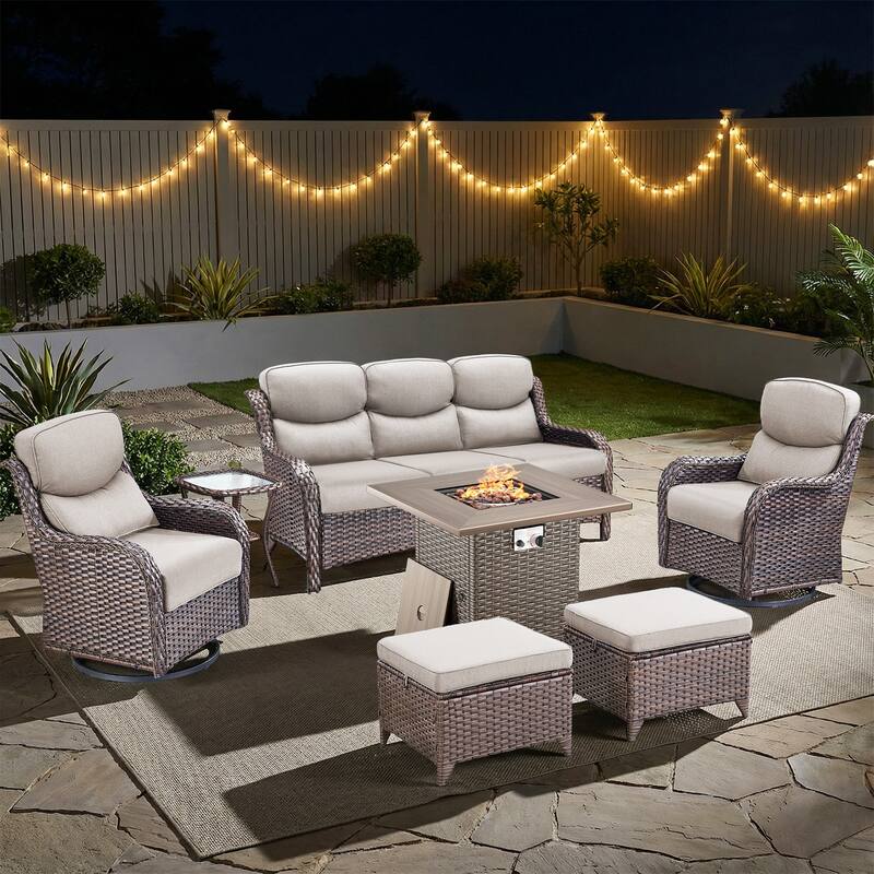 Pocassy Outdoor Propane Fire Pit Table with Sofa Swivel Chair Funiture Set. - Brown Wicker Beige Cushion - 7-Piece Sofa Swivel Chair Ottoman w/ Fie Table