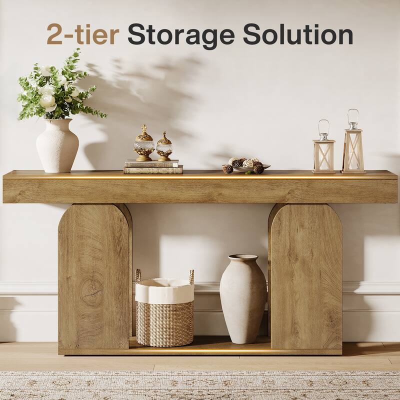 Industrial Wood Entryway Console Table with Dual Storage Shelves