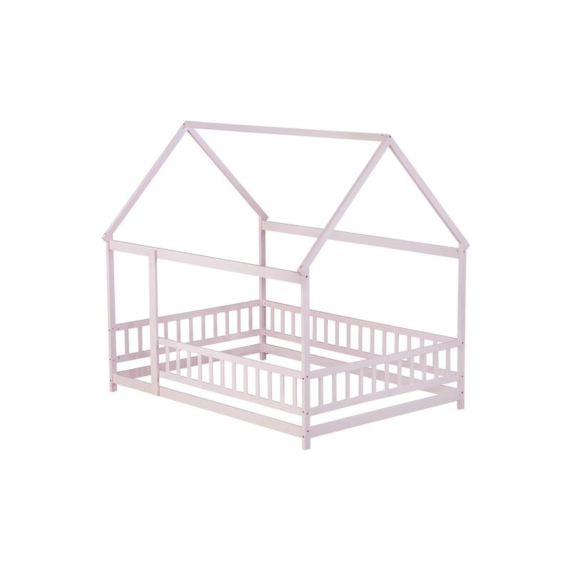 Full Size House Floor Wooden Bed with Roof Frame