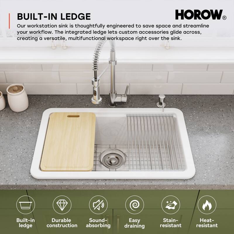 HOROW 30 in. Drop-In White Ceramic Kitchen Sink with Standard and Bottom Grid, Drain Assembly, Cutting Board