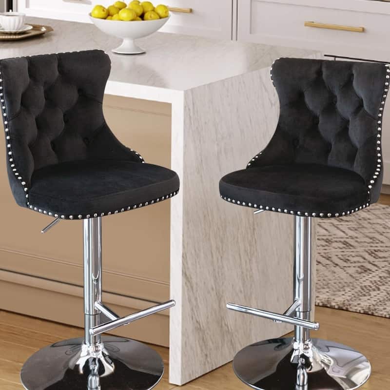 Velvet Upholstered Nailheads Tufted Swivel Bar Stools (Set of 2) - Black SliverBase