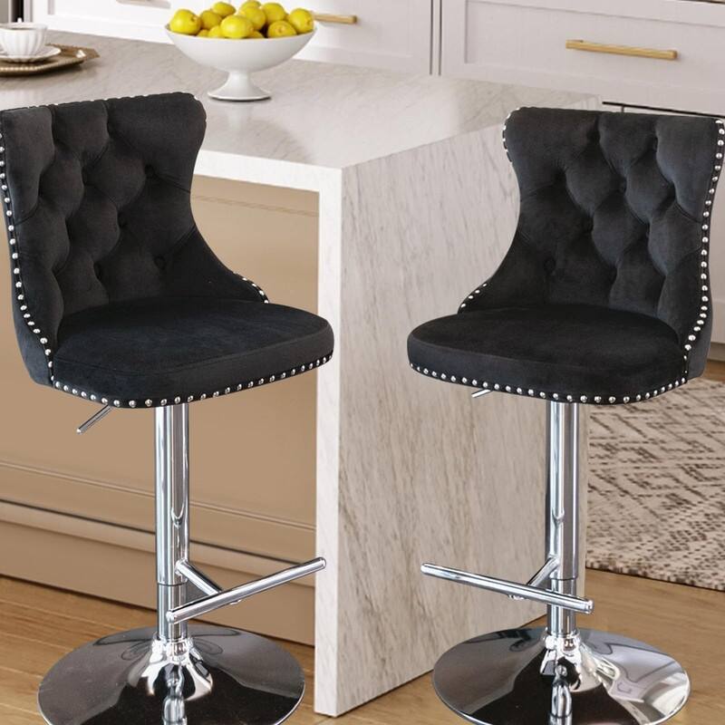 Velvet Upholstered Nailheads Tufted Swivel Bar Stools (Set of 4)