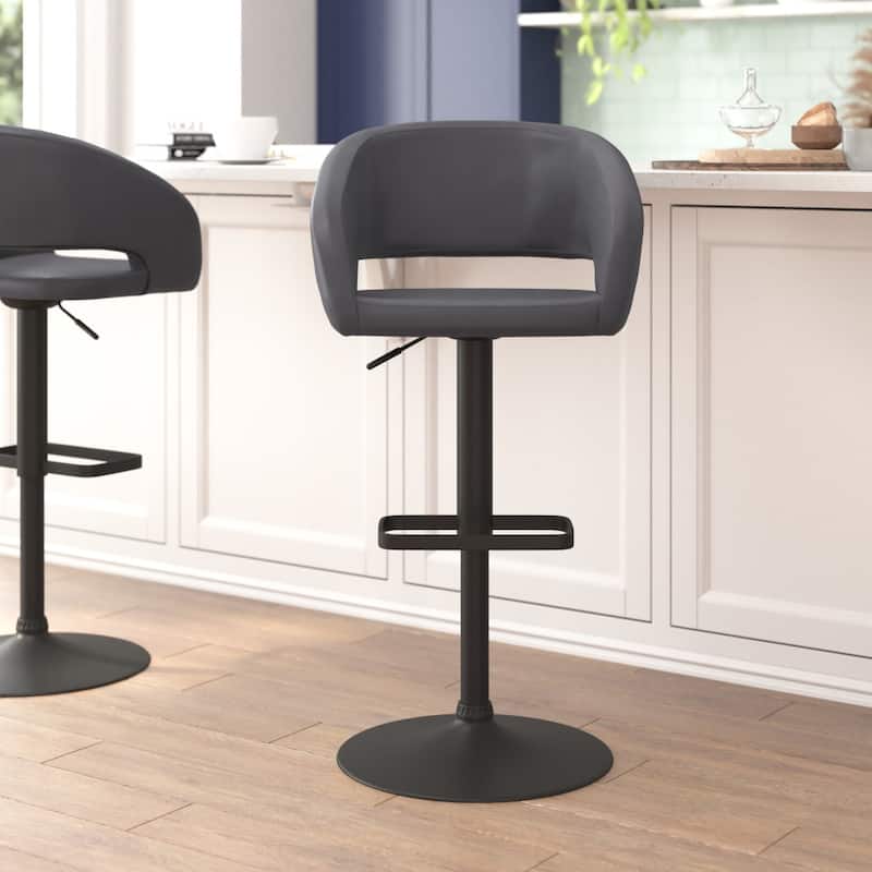 Modern Upholstered Adjustable-Height Barstool with Rounded Back - Gray Vinyl/Black Frame