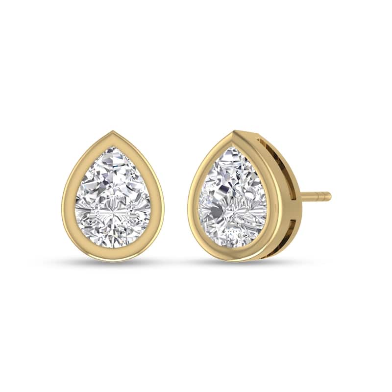 Marquee Lab Grown 1 Carat Pear Shaped Bezel Set Solitaire Diamond Earrings in 14K Yellow Gold