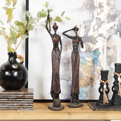 Red Polystone Handmade Tall African Women People Decorative Sculpture with Carved Dresswear (Set of 2)