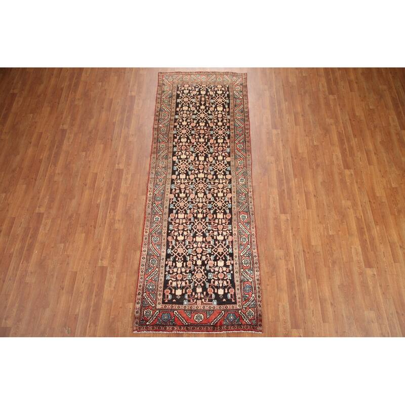 Hand Knotted Oriental 100% Wool Carpet Traditional Geometric Black Mahal Runner Rug - 9' 5'' X 3' 3''