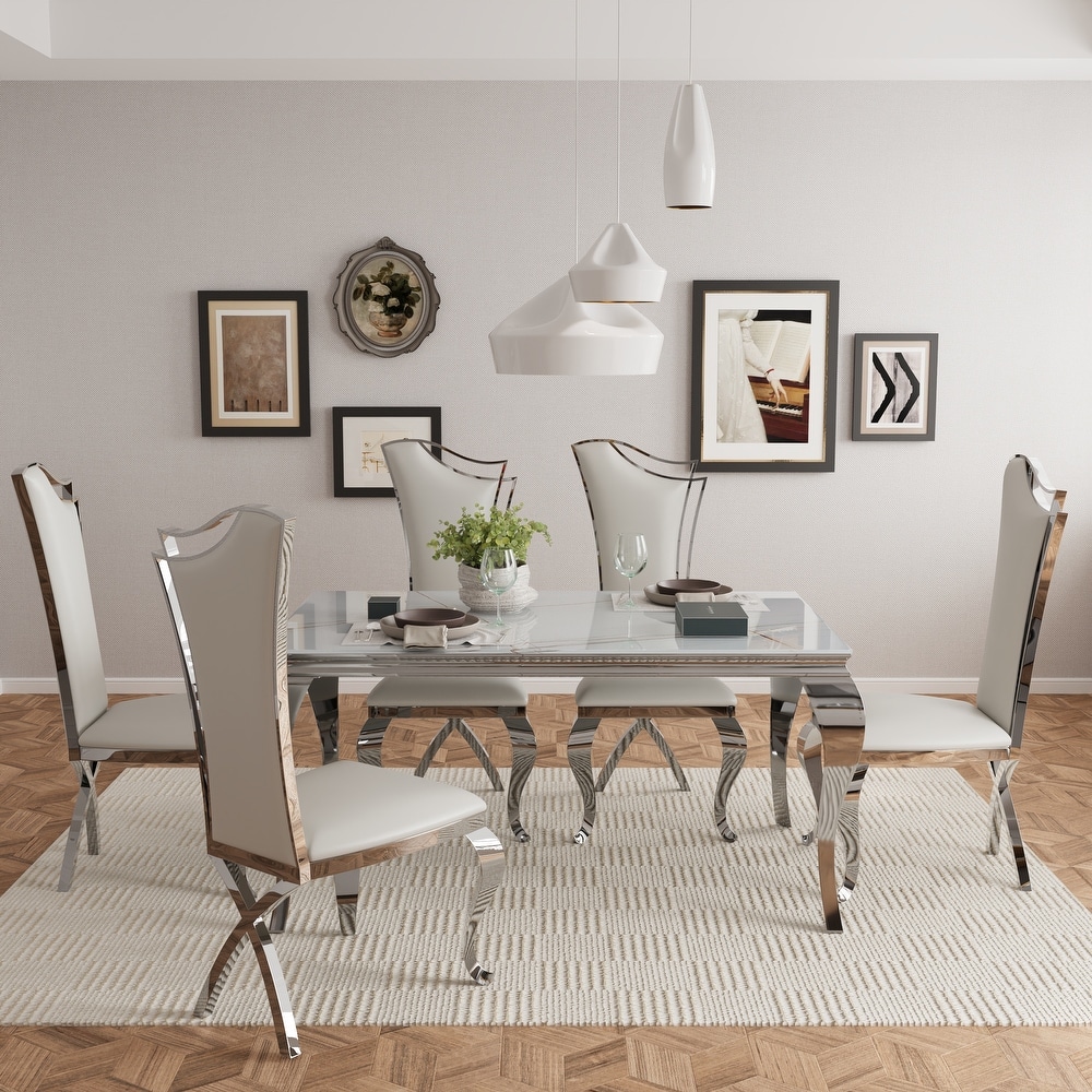 Luxurious Clear Tempered Glass Dining Table Set with Heavy Duty Dining Chairs