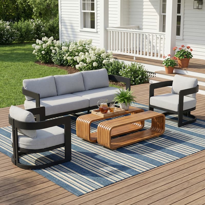 Christopher Knight Home - Westhaven 5-Piece Outdoor Aluminum Patio Conversation Set with Teak Finish Accents and Cushions - DARK GREY,LIGHT GREY