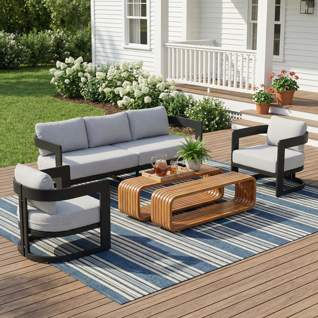 Christopher Knight Home - Westhaven 5-Piece Outdoor Aluminum Patio Conversation Set with Teak Finish Accents and Cushions