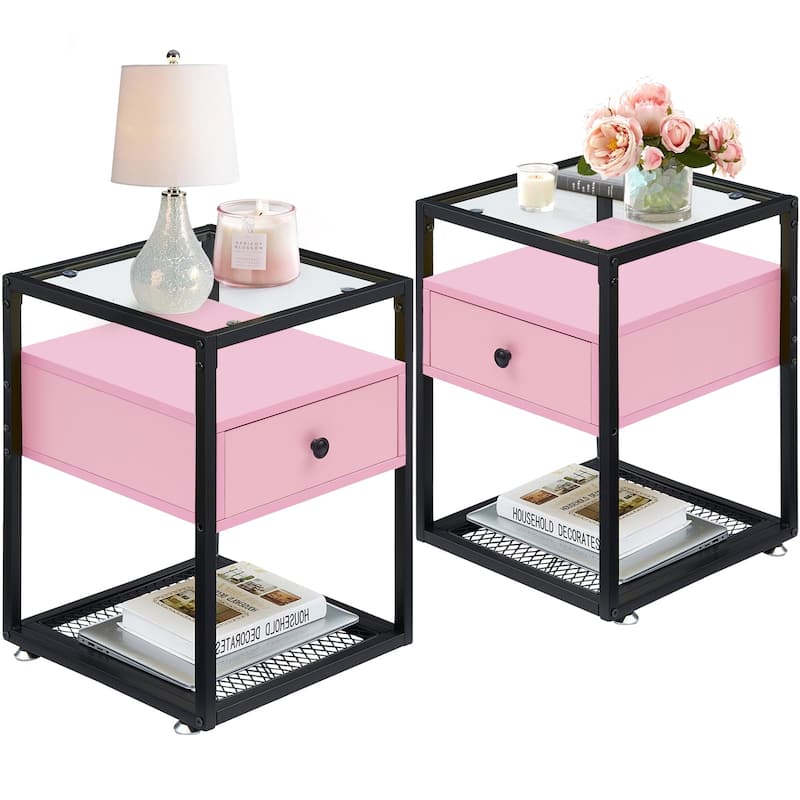 VECELO Modern Square Nightstands Set of 2 with Tempered Glass Top