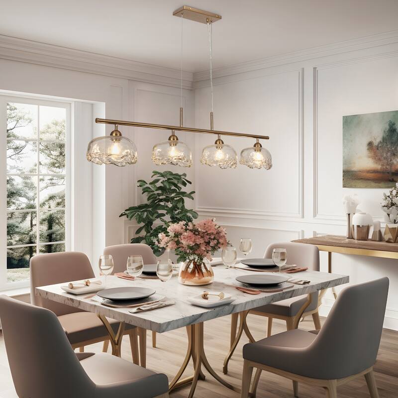 Modern 4-Light Gold Chandeliers 44 IN Linear Textured Glass Island Lights for Dining Room - W44.5" x H68.2" Max