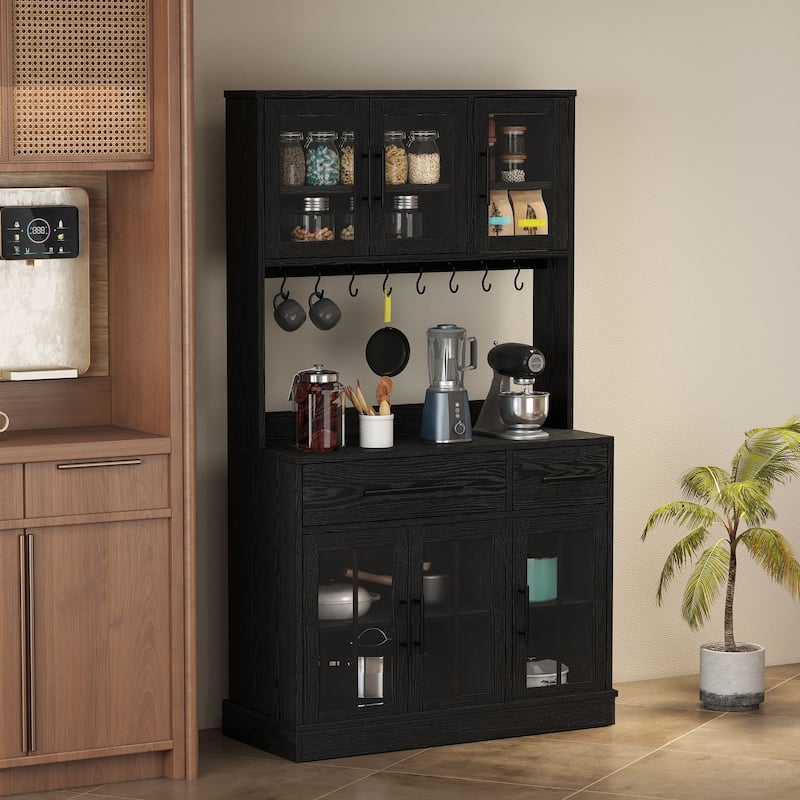 Moasis 71'' Kitchen Pantry Storage Cabinet Microwave Stand Hutch Cabinet with Power Outlet - Black