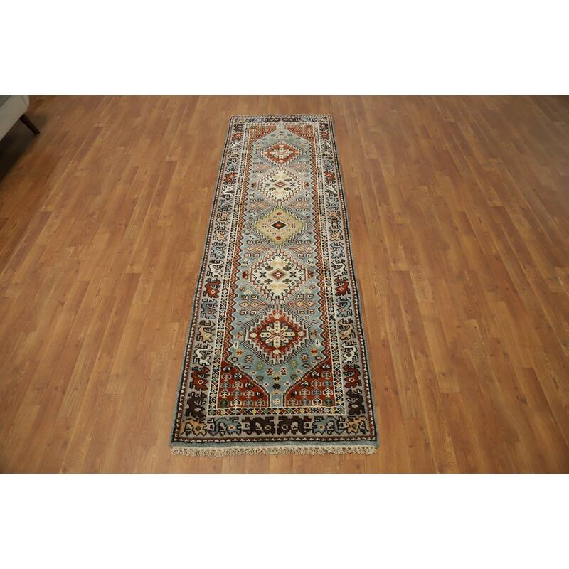 Hand Knotted Oriental 100% Wool Carpet Traditional Geometric Navy Blue & Blues Viss Runner Rug - 8' 0'' X 2' 7''