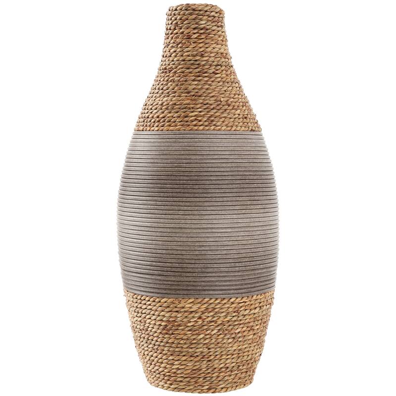 Brown Seagrass Handmade Teardrop Wrapped Decorative Vase with Layered Gray Paneling