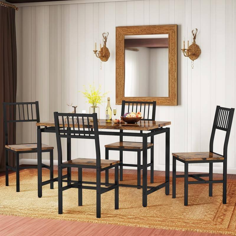 5-Piece Dining Table and Chairs Set, Modern Industrial Dining Table Set, Dinette, Space Saving Dining Set for Small Space, Pub