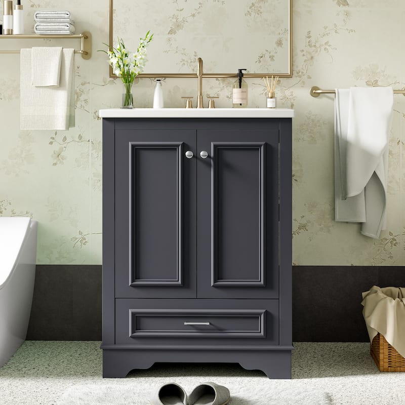 GDFStudio - Halcyon Modern Freestanding Bathroom Vanity with Ceramic Sink and Soft-Closing Storage Doors & Silver Handles