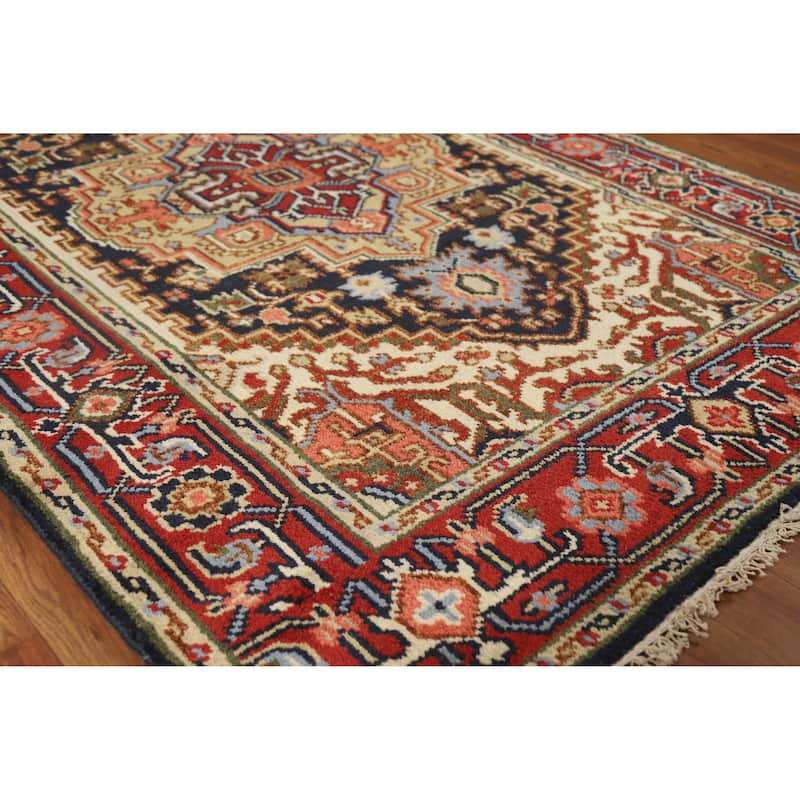 Hand Knotted Oriental 100% Wool Carpet Traditional Medallion Navy Blue & Blues Heriz (serapi) Area Rug - 5' 11'' X 4' 0''