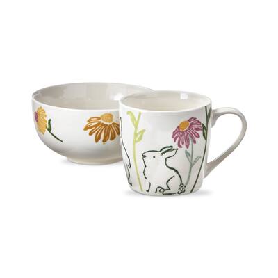 Easter Bunny with Pink and Orange Floral Print Bone China Mug & Bowl Set