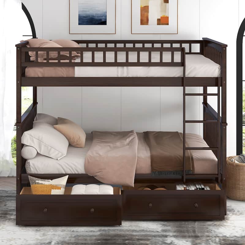 Full over Full Bunk Bed with Drawers, Convertible Beds, Espresso