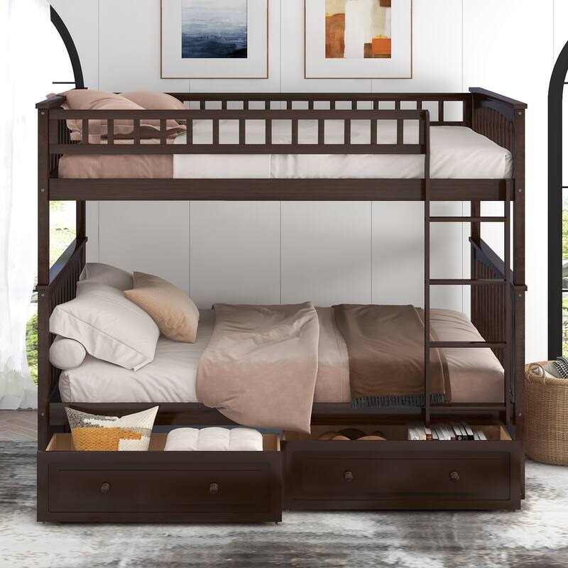 Twin over Twin Bunk Bed with Drawers, Convertible Beds - Full over Full - Espresso