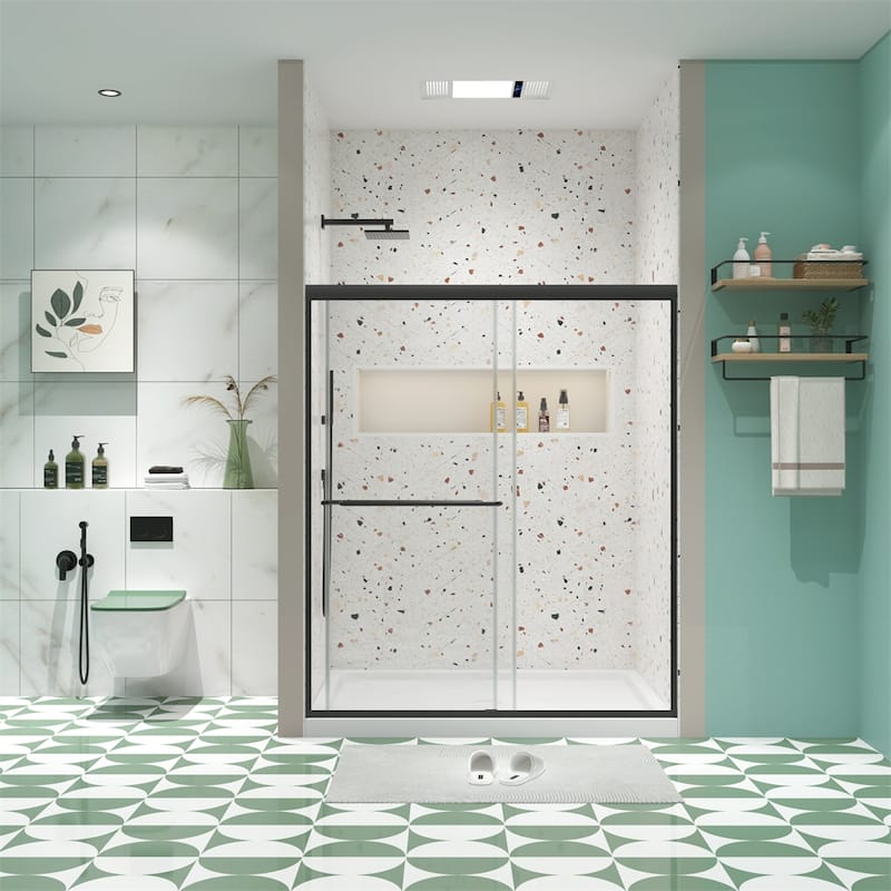Bathroom Shower Sliding Door with 1/4" Tempered Glass - Matte Black