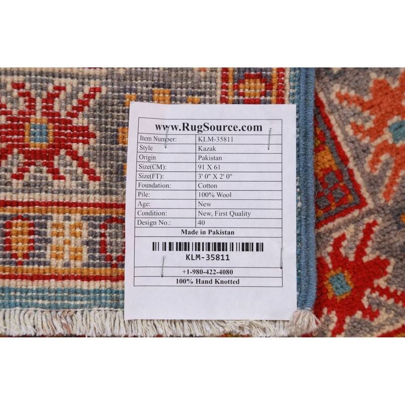 Geometric Kazak Accent Rug Hand-Knotted Oriental Blue Wool Carpet - 2'0"x 3'0"