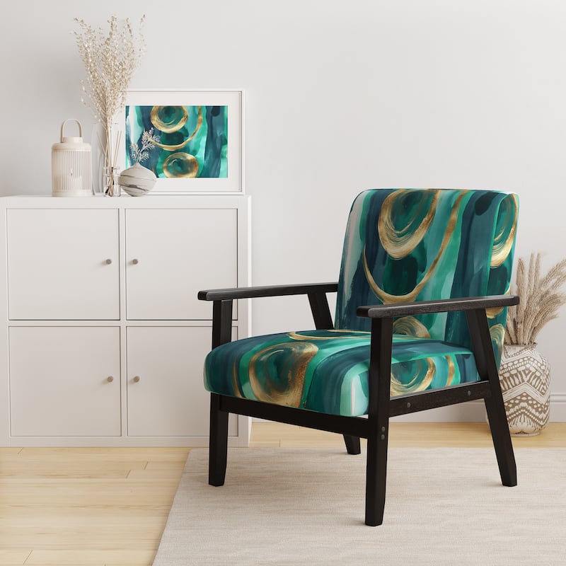 Designart "Geometric Black And Teal IV" Upholstered Abstract Accent Chair - Modern Arm Chair For Bedroom - Arm Chair - Black Wood - Turquoise & Gold