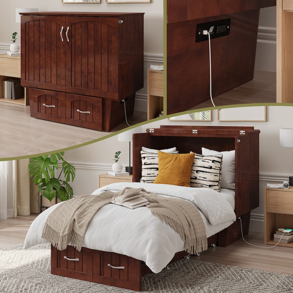 Sydney Twin Murphy Bed Chest with 6" Mattress, Storage Drawer & Built-In Charger in Walnut