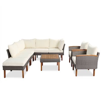 9 Piece Patio PE Rattan Furniture Set Outdoor Conversation Sectional Set for 8 Peoples, with Coffee Table and Washable Cushion