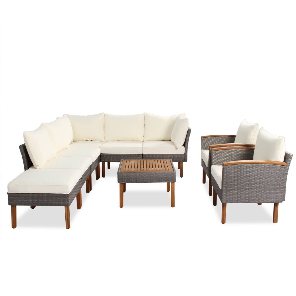 9-Piece Patio PE Rattan Sectional Sofa Set with Coffee Table,Outdoor Conversation Set With Acacia Wood Legs and Tabletop