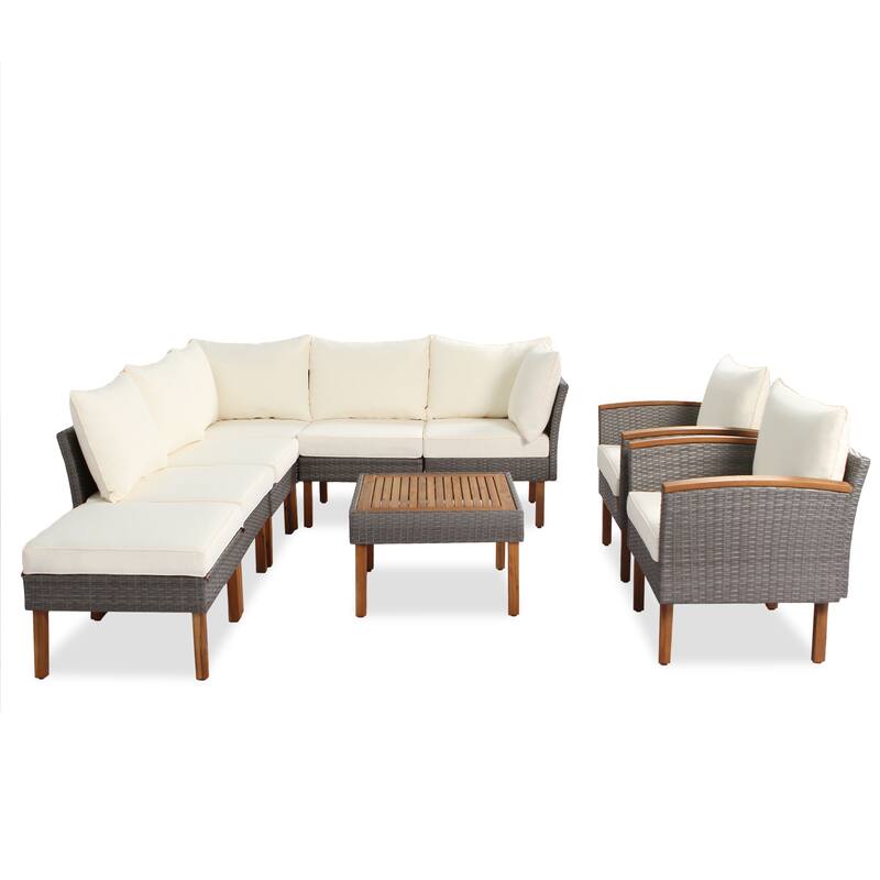 9-Piece Patio Rattan Conversation Set with Coffee Table & Washable Cushion