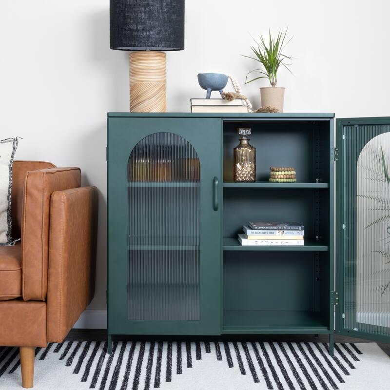 Metal Cabinet with 2 Arched Glass Doors