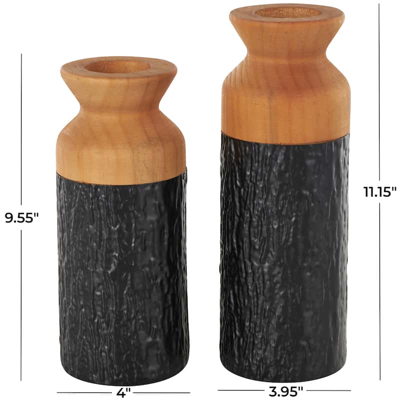 Metal Abstract Textured Color Block Decorative Vase with Brown Wood Tops - Set of 2 Black - Roche River Decor - 4"W x 4"L x 11"H