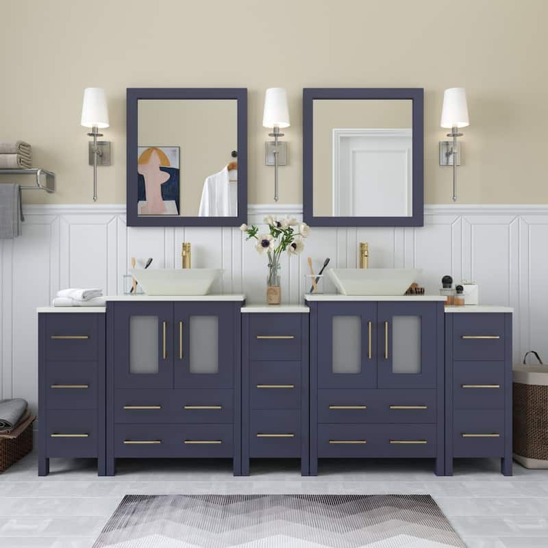 Vanity Art 84-Inch Double Sink Bathroom Vanity Set with Engineered Marble Top and Free Mirror - 84 W X 18.5 D X 31.1 H - Blue