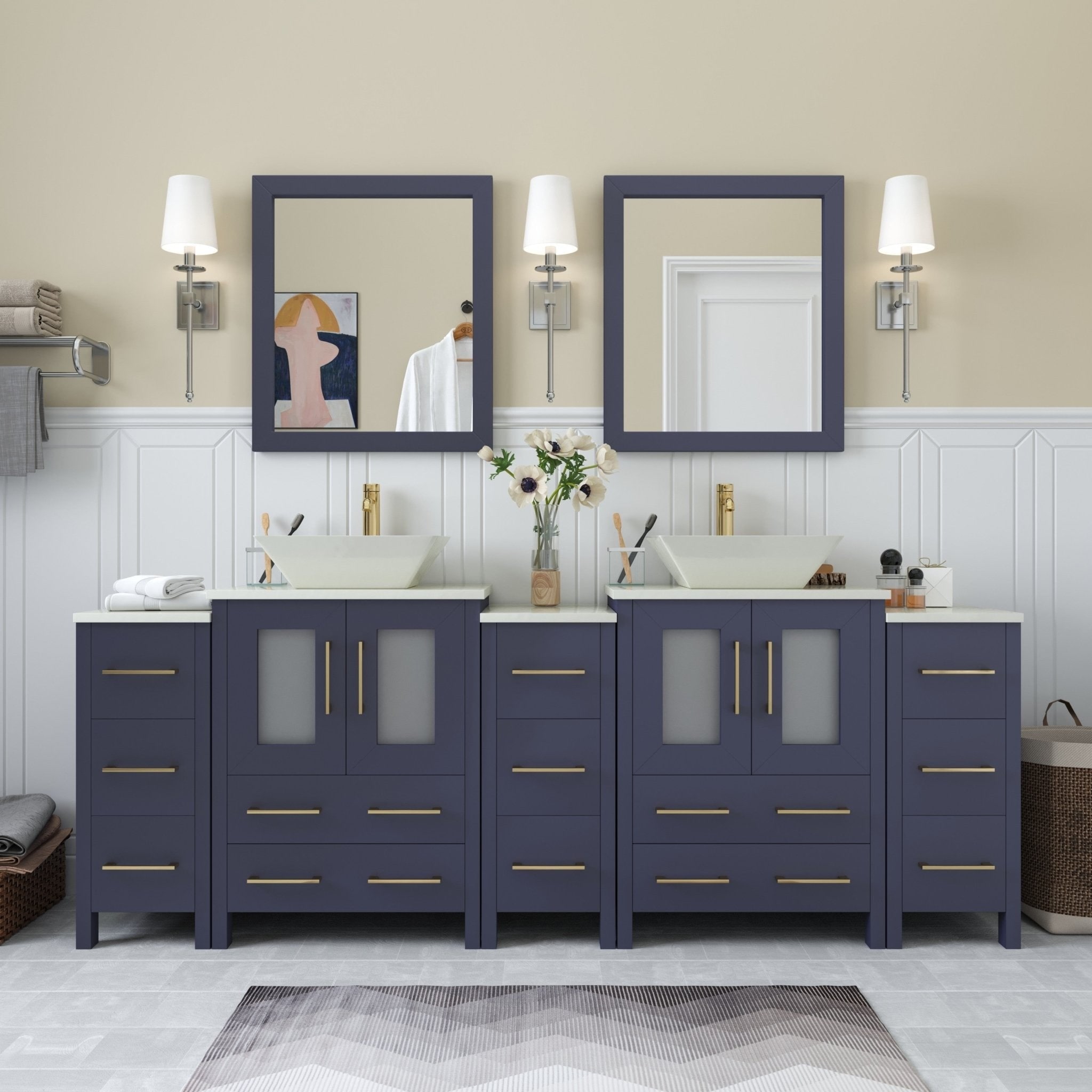 Vanity Art 84-Inch Double Sink Bathroom Vanity Set with Engineered Marble Top and Free Mirror - 84 W X 18.5 D X 31.1 H