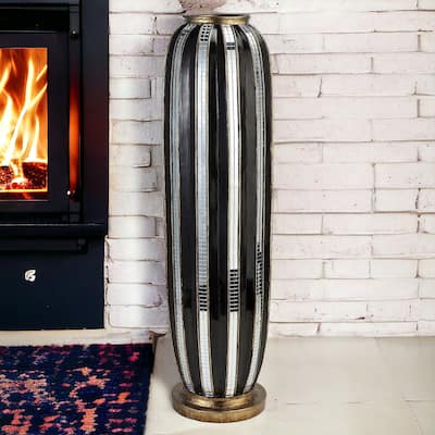 21" Polyresin Black and Silver Striped Round Floor Vase - 6.00