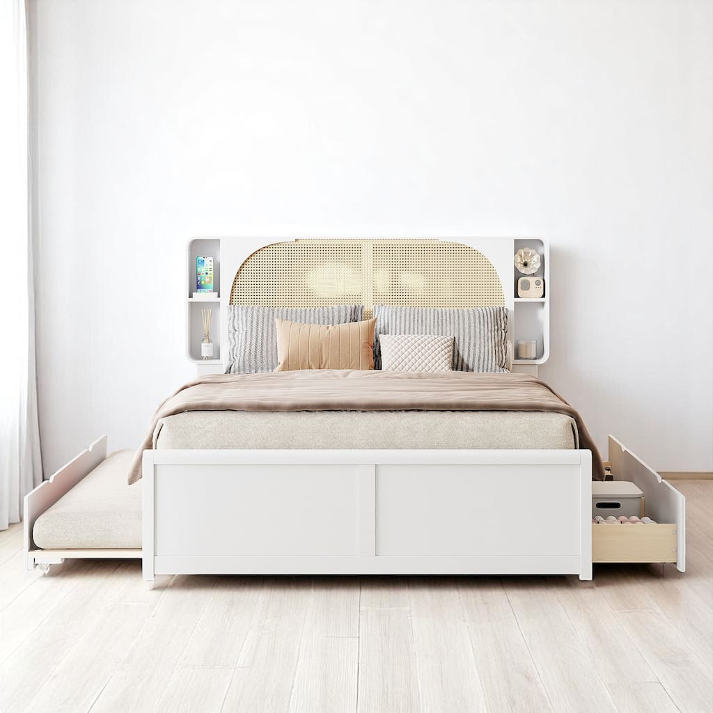 Queen Size Platform Bed with Rattan Headboard bed, 2 Drawers, Pull-Out Trundle bed, and Storage Compartments bed
