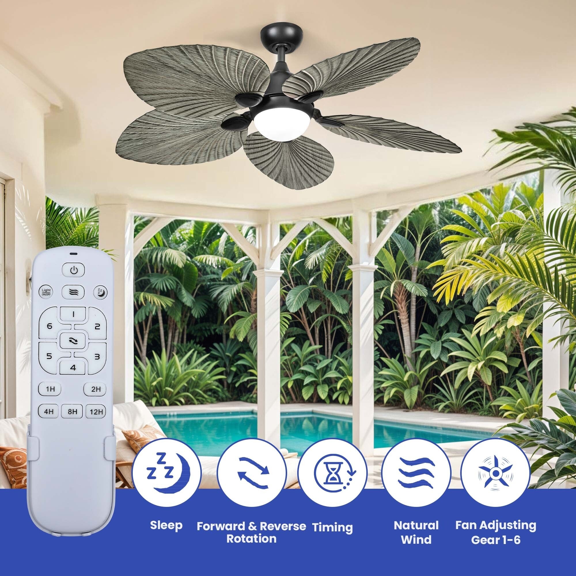 Silent Operation Tropical Ceiling Fan - 52 Inch, DC Motor, 6-Speed